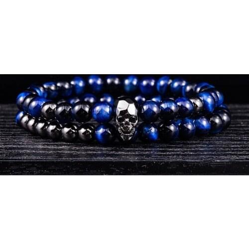 ATTYIRENA Skeleton Charm Bracelet 2pcs/set 6mm Blue Natural Tiger Eye Bead Stone Elasticity Rope Men Women Bead Bracelets