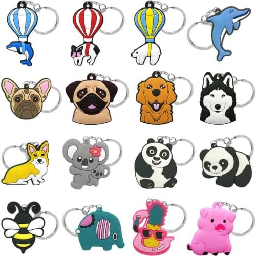 1PCS PVC key chain cute animal cartoon keyrings dog pig panda Koala bee dolphin pattern key holders car keys pendant accessories