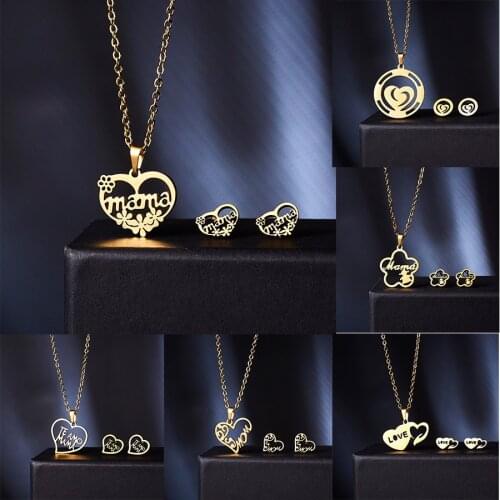 Collier Femme Stainless Steel Jewelry Set Gold Chain Love Heart Mama Mom Pendant Necklaces Earing Set Jewelry Mothers Day Gift