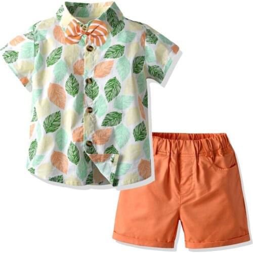 2020 Summer Boys' clothing printed leaf shirt + pants 2-piece childrens sports suit, beach leisure suit