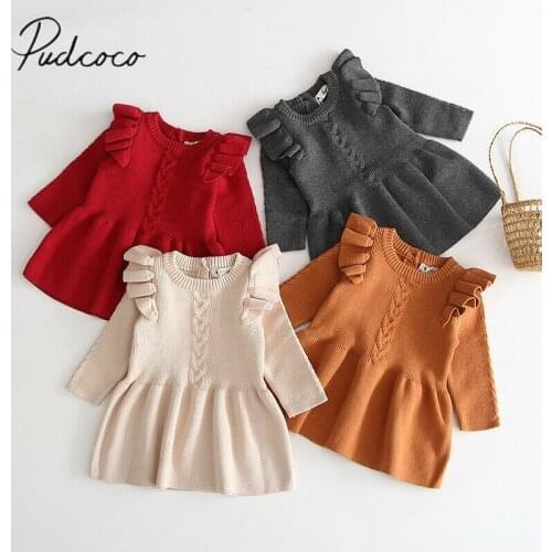 2019 Baby Autumn Winter Clothing Infant Kids Baby Girl Ribbed Warm Dress Ruffled Long Sleeve Knitted Dresses Princess Party Gown