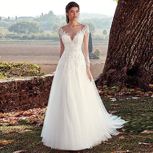 Elegant White Long Sleeve Wedding Dresses Appliques See Through Design Tulle Bridal Gowns Vestidos De Noiva