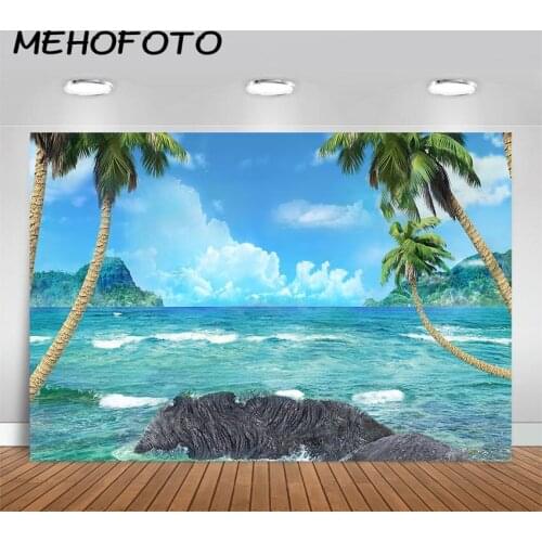 MEHOFOTO Summer Beach Backdrop Seaside Tropical Palm Trees Photography Background Blue Sea Sky Luau Party Decorations Backdrops