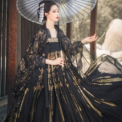 Women Classical Dance Costume Black Gold Hanfu Traditional Fairy Folk Dance Dress Performance Clothes Festival Outfit DN5982