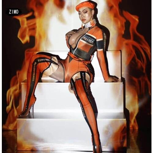 Orange print Bodysuit sets sexy Performance Costume Stage party club jumpsuit women Nightclub Dj Jazz Dance Team Fireman outfit