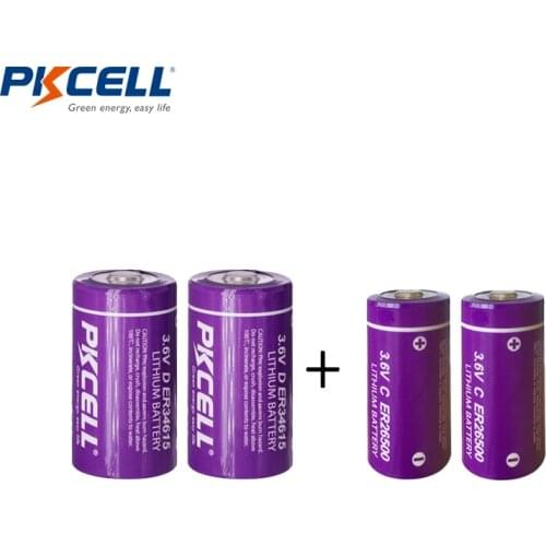 2PC PKCELL ER26500 3.6V C size Lithium Battery 9000Mah and 2PC ER34615 battery D size Li-SOCl2 Battery PLC controly battery