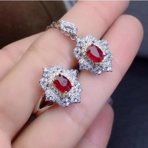 Best Gift Real Natural Natural Ruby jewelry set Natural Real Ruby 925 sterling silver 1pc Ruby pendant,1pc Ruby ring