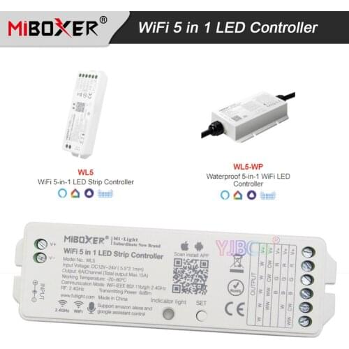 Miboxer WiFi 5 in 1 Light Controller Waterproof IP67 Single color/CCT/RGB/RGBW/RGB+CCT LED Strip Dimmer DC 12V 24V WL5 / WL5-WP