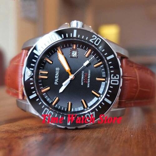 43mm PARNIS 20ATM Mens watch Dive watch Black wave dial Sapphire glass date Ceramic Bezel Automatic movement 118