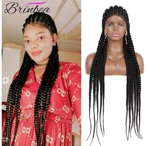 Brinbea 33 Inches Full Lace Front Synthetic Wigs Long Hair Box Braided Wigs for Black Wowen with Baby Hair