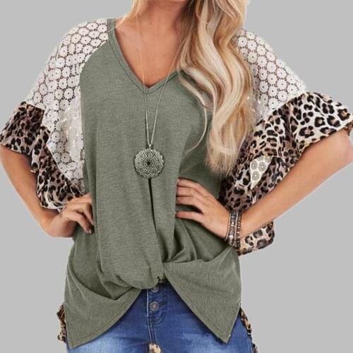 Sexy V-Neck Women Loepard Lace Shirt Summer Bat Sleeve Women Leopard Print T-shirt Tops S-3XL Large Size