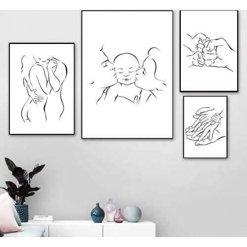 Family Portrait Mom Dad Baby Art Line Drawing Posters Abstract Minimalist Wall Canvas Print Painting Couple In Love Decor