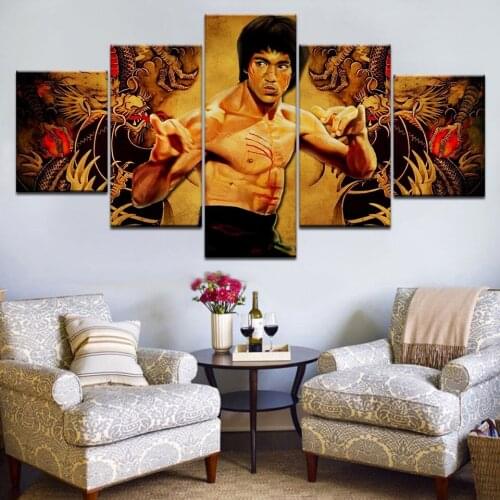 Modern Canvas HD Printed Home Decor 5 Panel Kung Fu Superstar Bruce Lee Poster Framework For Room Wall Art Painting Pictures