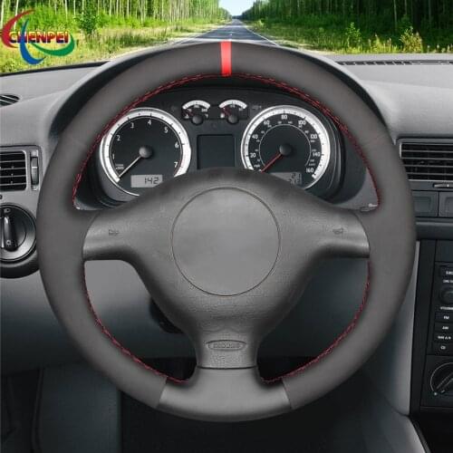 DIY Hand-Stitched Non-slip Black Leather Suede Car Steering Wheel Cover For Skoda Fabia 1 2004-2005 Car Interior Accessories