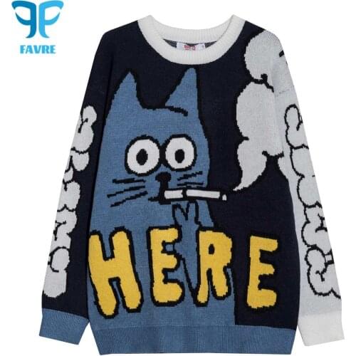 FAVRE Couples Sweaters Pullovers Mens Cartoon Knitted Funny Cat O-Neck Sweater Jumpers Womens Casual Streetwear Loose Tops