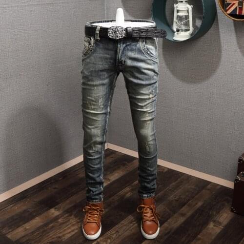 European American Vintage Fashion Men Jeans High Quality Retro Slim Fit Ripped Jeans Men Distressed Designer Cotton Denim Pants