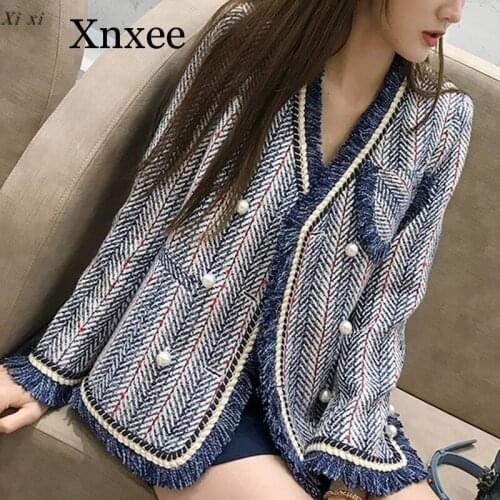 Xnxee Blue White Striped Tweed Jacket 2019 Winter Women Long Sleeve V Neck Elegant Overcoat Bead Pearls Tassels Cardigan Coat