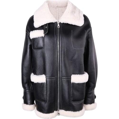 YOLOAgain Women Black Long Shearling Fur Coats Genuine Leather Jacket For Ladies Overcoat