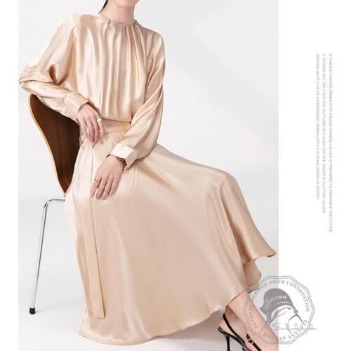 First Class Queen Autumn and spring high grade Heavy 22mm Plain Satin Mulberry silk Long Sleeve New Women long skirt