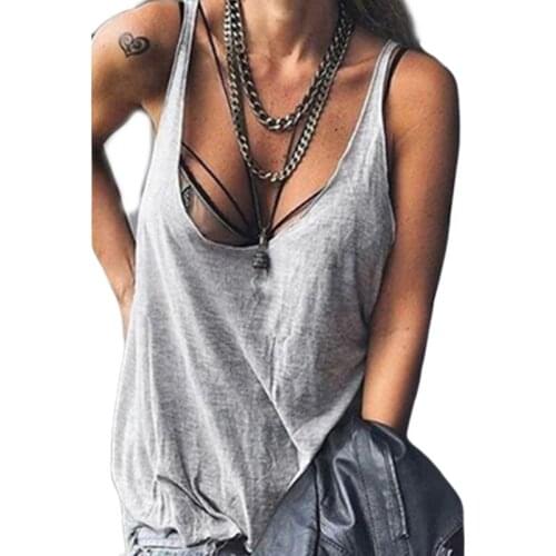 2020 Womens Sexy Sleeveless Tank Top Low Cut Neckline Solid Color Loose Casual Beach Cami Vest Swimsuit Cover Up Streetwear