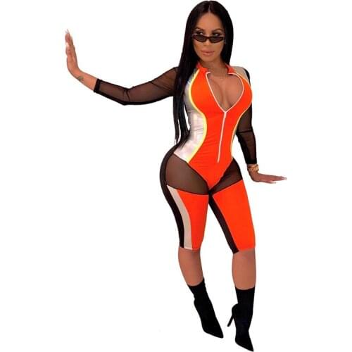 2019 Mesh PU Patchwork Summer Jumpsuit Women Transparent Zipper Sexy Playsuit Women Nightclub Playsuits and Jumpsuits Overalls