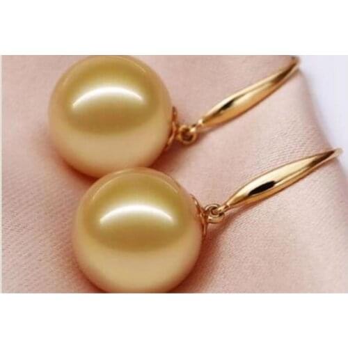 Noble jewelry Beautiful a pair 10-11mm AAA south sea round gold pearl dangle earrings 14k