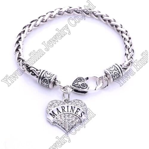 MARINES Heart Wheat link Bracelet Crystal Hearts Metal Art Lobster Claw Bracelets