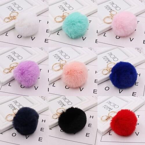 Cute Fluffy Faux Rabbit Fur Ball Keychain Women Car Key Chain Ring Pompom Pendant Keyring Holder For Bag Backpack Accessories