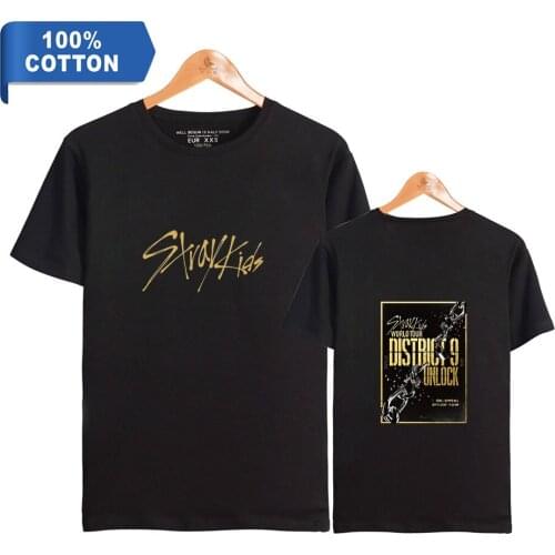 Kawaii Tees Kpop Stray Kids World Tour District 9 Unlock 2D 100% Cotton T Shirt Women/men Clothes Short Sleeve Trendy Clothing
