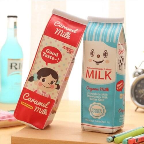 Creative Simulation Milk Box PU Leather Pencil Bag Stationery Storage Organizer Bag School Office Supply