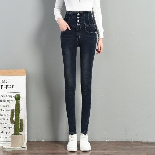 Voorjaar Enkele Breasted Jeans Vrouw Hoge Taille Stretch Skinny Broek Femme Plus Size Toevallige Elastische Slanke Potlood Broek