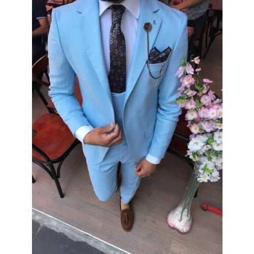 Custom Made Groomsmen Blue Groom Tuxedos Peak Lapel Men Suits Wedding Best Man Bridegroom Suits For Men( Jacket + Pants + Vest)