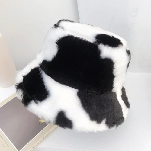 Cow Black and White Autumn and Winter Plush Fisherman Hat Female Fashion All-Match Retro Bucket Hat Leisure Warm Big Brim Hat