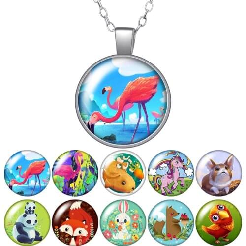 Cartoon Animals Flamingo unicorn Fox Round Pendant Necklace 25mm Glass Cabochon Silver color Jewelry Women Birthday Gift 50cm