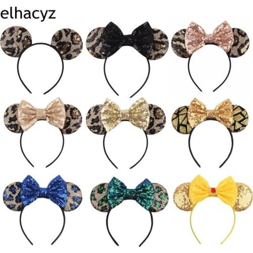 10pcs/lot Classical Glitter Leopard Sequins Mouse Ears Bow Headband Women&Girls Hairband Party Headwear Handmade Hair Accessory