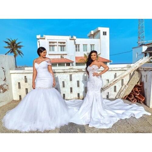 African Plus Size Wedding Dresses Detachable Skirts Sweetheart Castle Mermaid Wedding Gown Appliqued Satin Country Bridal