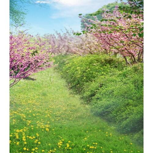 TR Spring Nature Photographic Studio Backdrop Pink Flower Trees Grassland Meadow Flower Photo Backgrounds Custom Photo Props