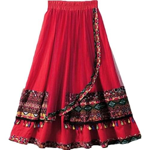 2021 Ethnic Style Stitching Printed Cotton Linen Womens Mid-length Red Skirts For Women 103C
