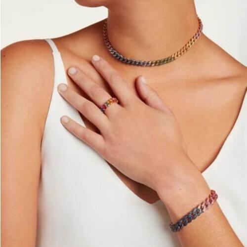 Gold filled miami cuban link chain multicolor rainbow colorful cz choker Rock hiphop women adjust necklace bracelet jewelry sets