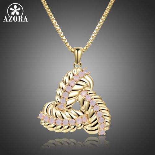 AZORA Pink Cubic Zirconia Three Leaves End to End Pendant Necklace for Women Wedding Fashion Jewelry Valentines Day Gift TN0282