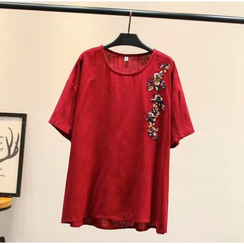 Plus size embroidery cotton O-neck red navy women loose tshirts 2020 new summer casual ladies t shirts female t-shirts tops