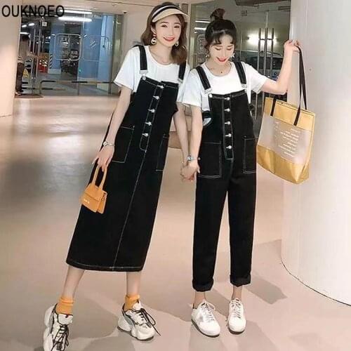 Womens Denim Jumpsuits Black High Waist All-Match Korean Preppy Style 2021 Summer Denim Straps Dress Pocket Adjustable Overalls