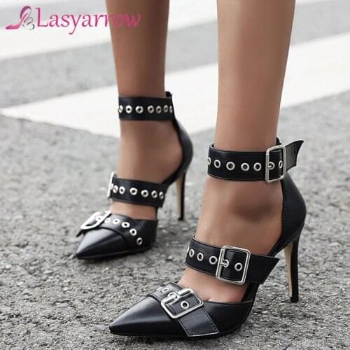 Lasyarrow Summer High Heels Women Pumps Buckle Thin High Heel Ankle Strap Shoes Fashion Pointed Toe Shoes Female Plus Size 33-48