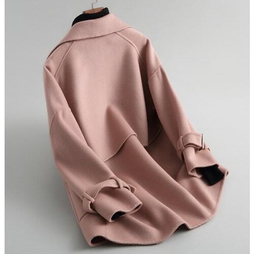 Wool 2020 Korean Pink Coat Women Spring Autumn Double-sided Woolen Ladies Coats and Jackets Abrigos Mujer Elegante KQN49064