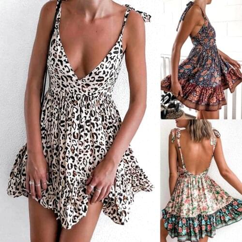 Boho Mini Dress Women 2020 Summer Sleeveless Sexy Deep V Backless Spaghetti Strap Female Floral Beach Dress Print Dropshipping