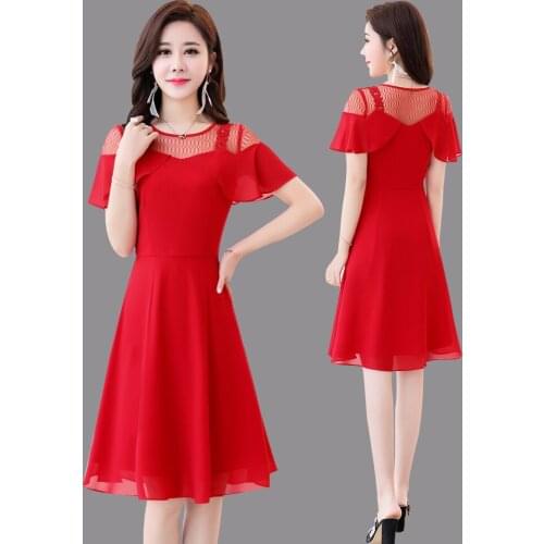 Gauze Plus Size Chiffon Short Sleeve O-neck Red Black Thin Elegant A-line Simple Lace Summer Women Red Dress