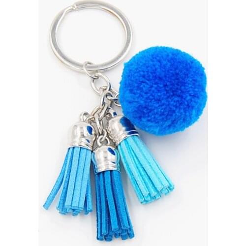 1pc Gradient Blue Yellow Pink Green Tassel Fur Brand Bag Keychain Pompon Car Keyring Fur Ball Charms DIY Jewelry