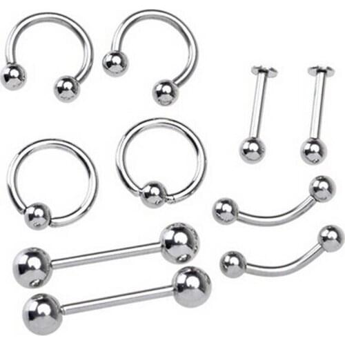 10 Piece Mix Design Ball Tongue Ring Stainless Steel Barbell Lip Rings Eyebrow Nose BCR Tragus Earring Body Piercing Jewelry