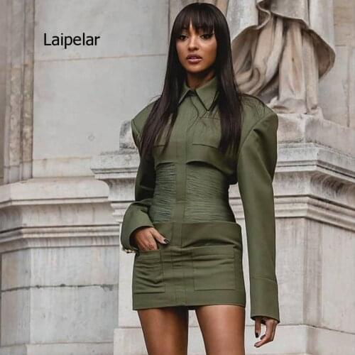 2021 New Spring High Quality Fashion Army Green Pleated Slim Womens Dress for Club Party