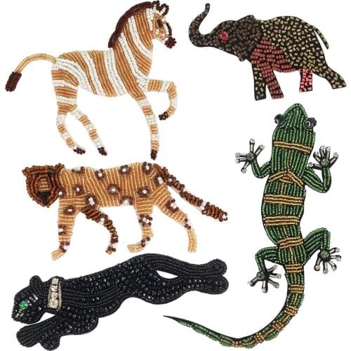 3D Handmade Rhinestone animal Beaded Patches Sew on Crystal Patch beading Applique Patch Tiger Panther Elephant Horse Gecko